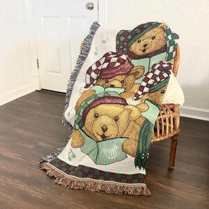 90s American Weavers Made In USA Christmas Tapestry Throw Blanket Teddy Bears